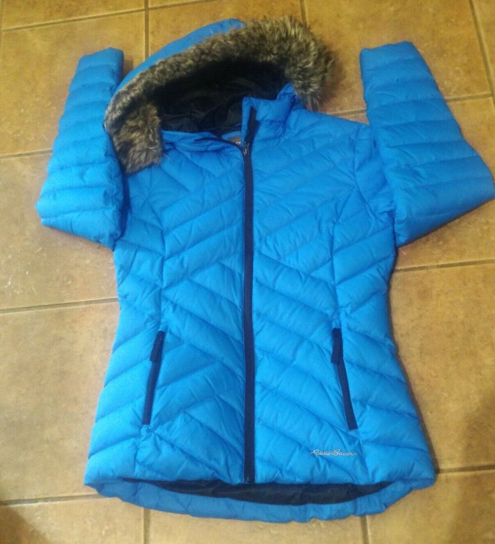 Eddie Bauer Womens Quilted Blue Goose Down Puffer Coat Faux Fur Hood Small EUC